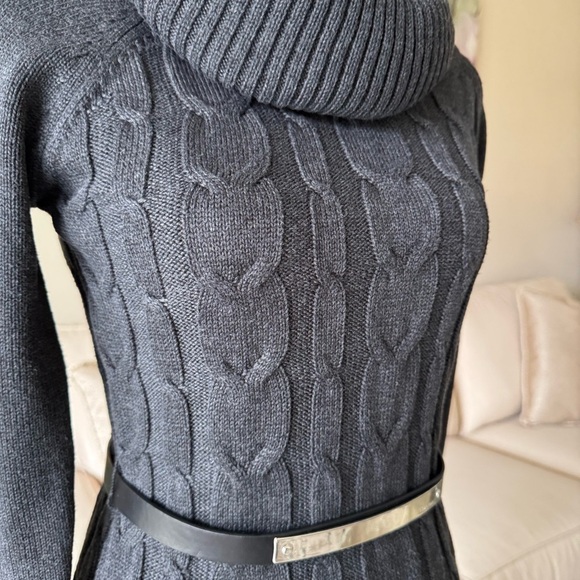 Calvin Klein Charcoal Grey Cowl Neck Belted Cable Knit Sweater Dress - Picture 8 of 16